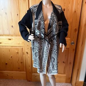 Lucky Brand Womens Black  Beige Waterfall Wrap Cardigan Sweater Size XXL Aztec